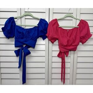SHEIN Bundle Of 2 Puff Sleeve Tie Back Crop Tops Women's Size Medium Blue & Pink